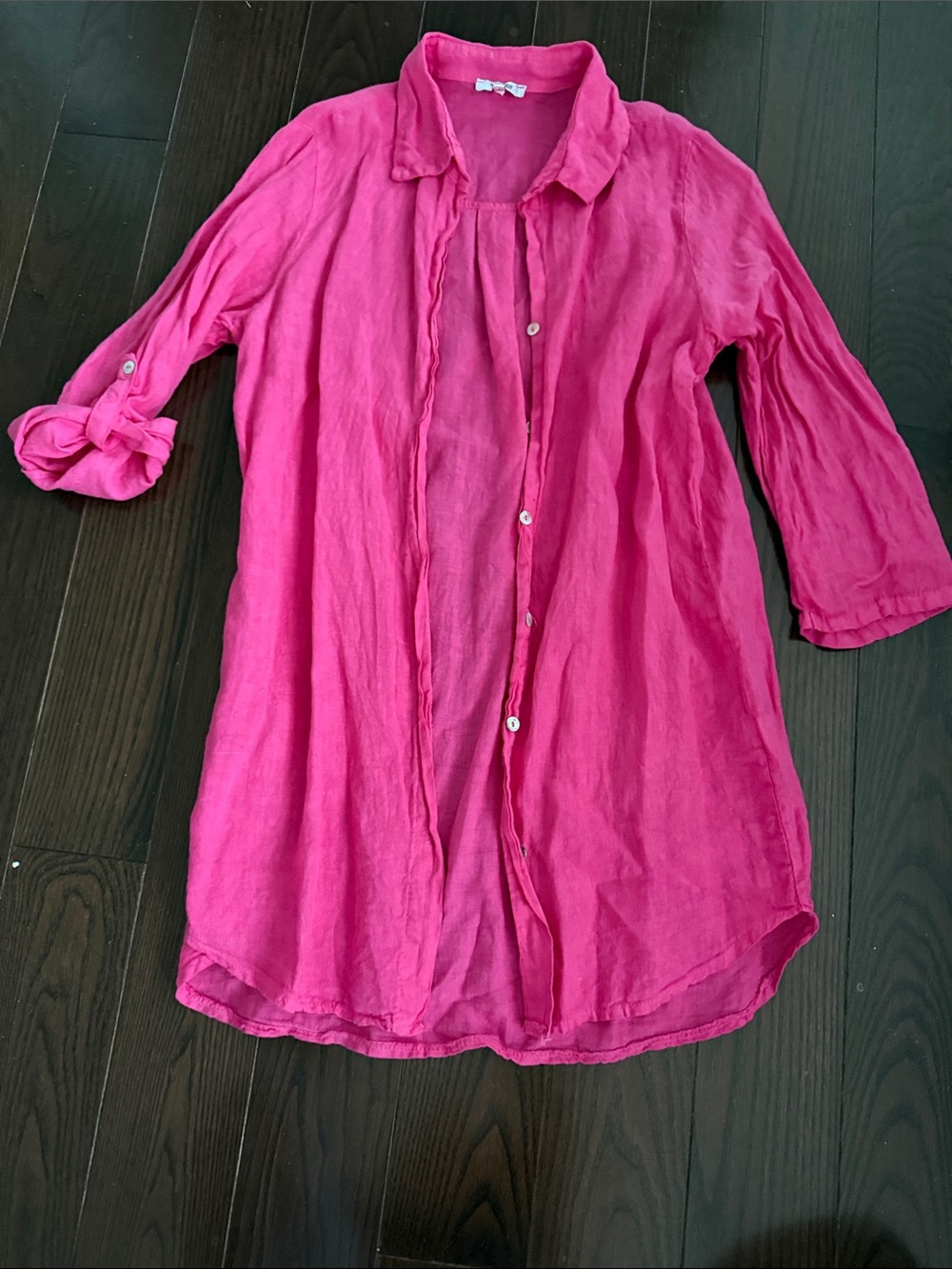 100%  linen Button-Down Longline Shirt in Bright Pink